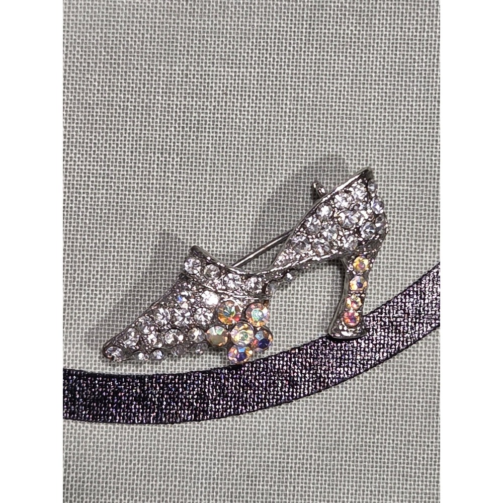 Vintage Rhinestone High Heel Shoe Brooch Pin Silver Tone Aurora Borealis Sparkly